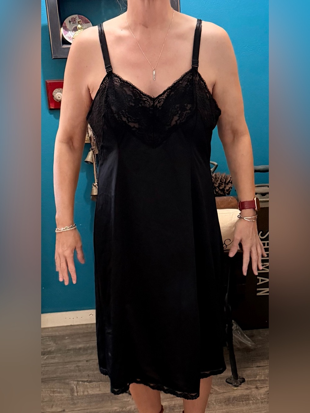 Angela Black Lace-Trim Slip Chemise